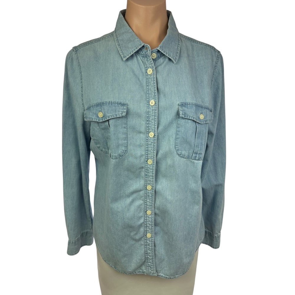 Per Se Womens Shirt Blouse Light Blue Chambray Denim Button Down Sz L Cotton